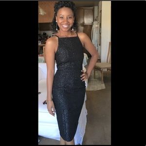 Black fuzzy metallic midi dress